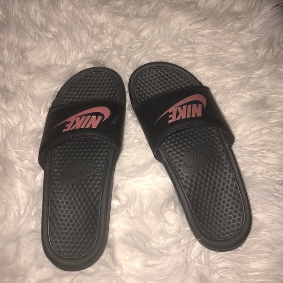 rose gold and black nike slides
